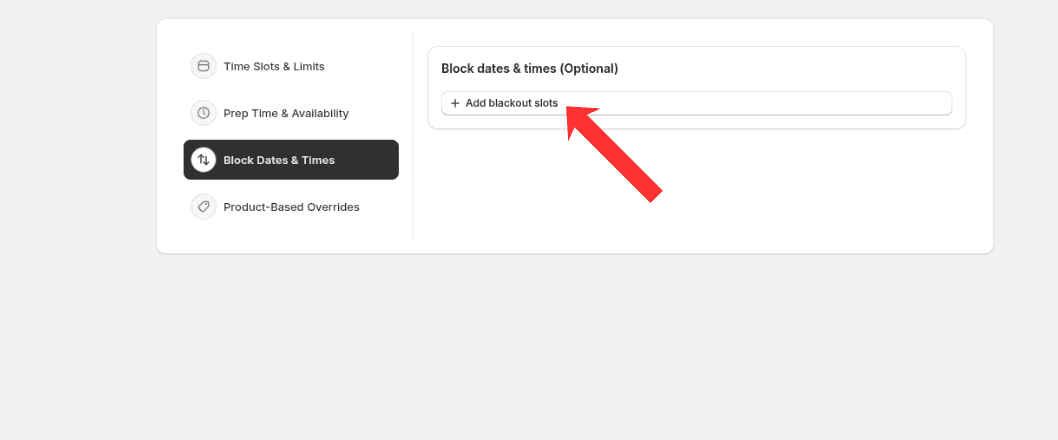 Block Dates & Times section with Add blackout slots button