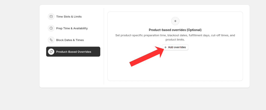 Product-Based Overrides section with Add overrides button