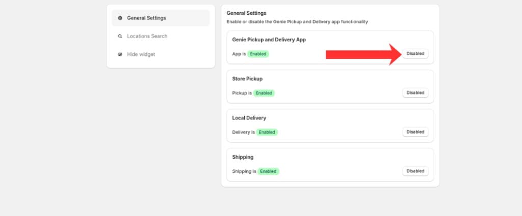 Genie Pickup and Delivery App enable/disable toggle on General Settings