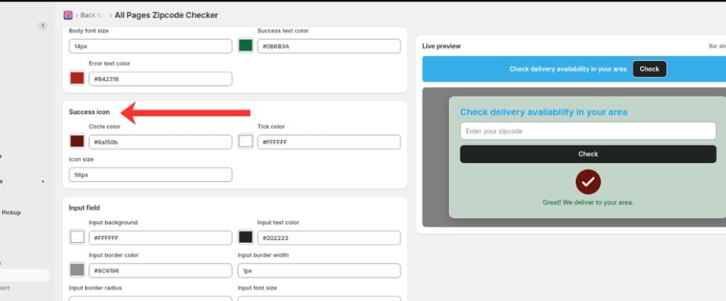 Success icon settings for circle color, tick color, and icon size