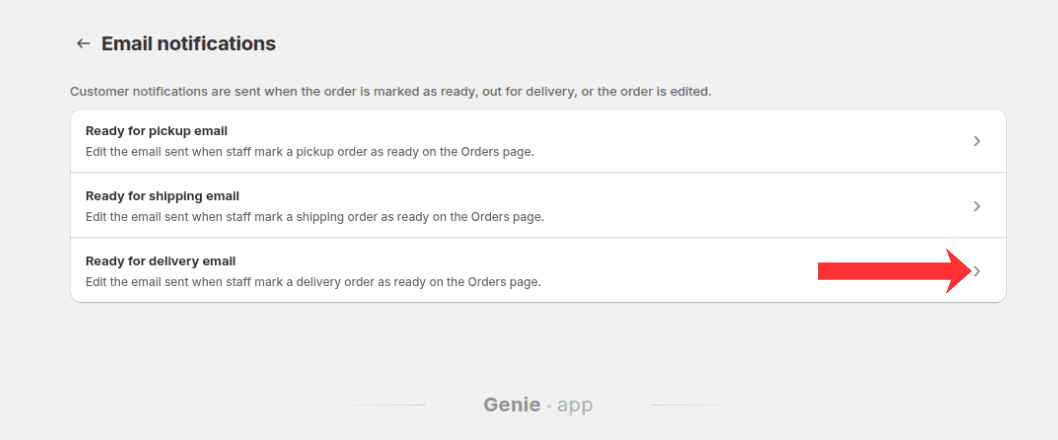 Ready for delivery email option highlighted on the Email notifications page