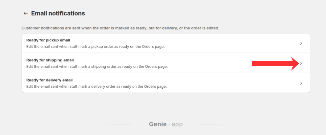 Ready for shipping email option highlighted on the Email notifications page