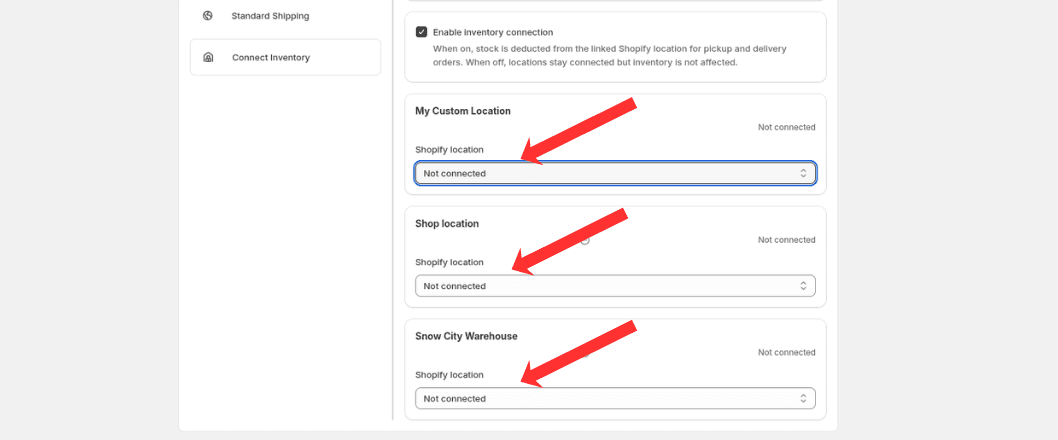 Location mapping dropdowns to connect each Genie location to a Shopify location