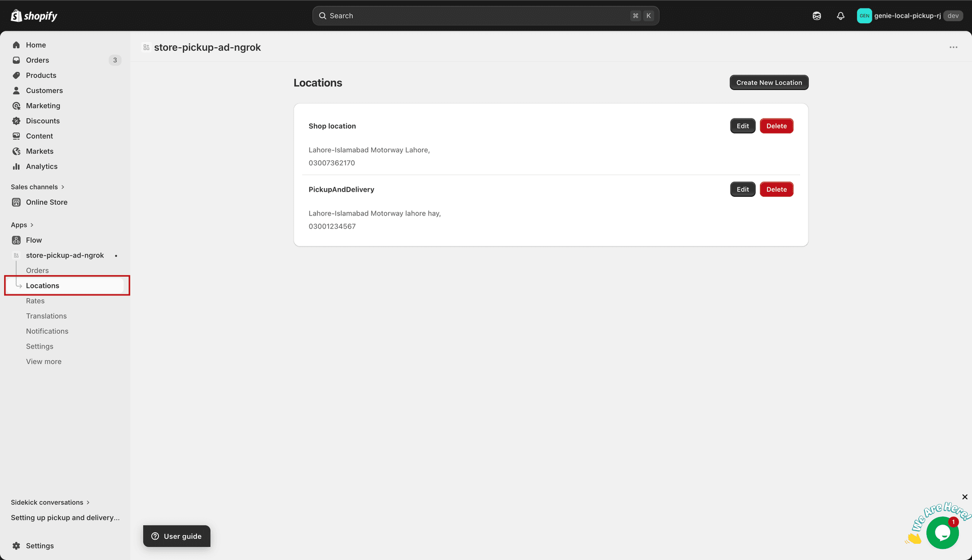 Locations menu in app sidebar