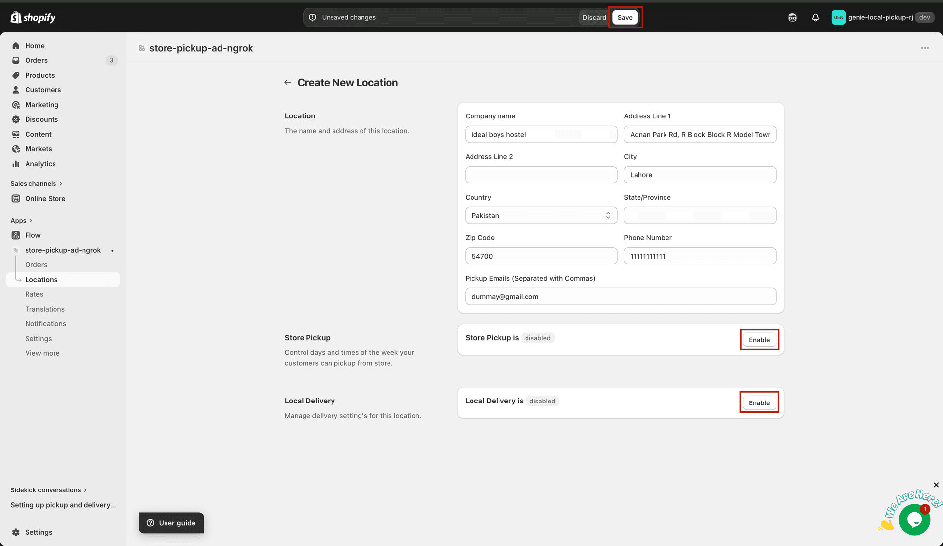 Enable Store Pickup button