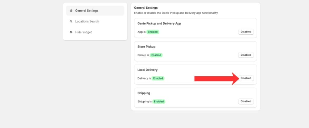 Local Delivery enable/disable toggle on General Settings