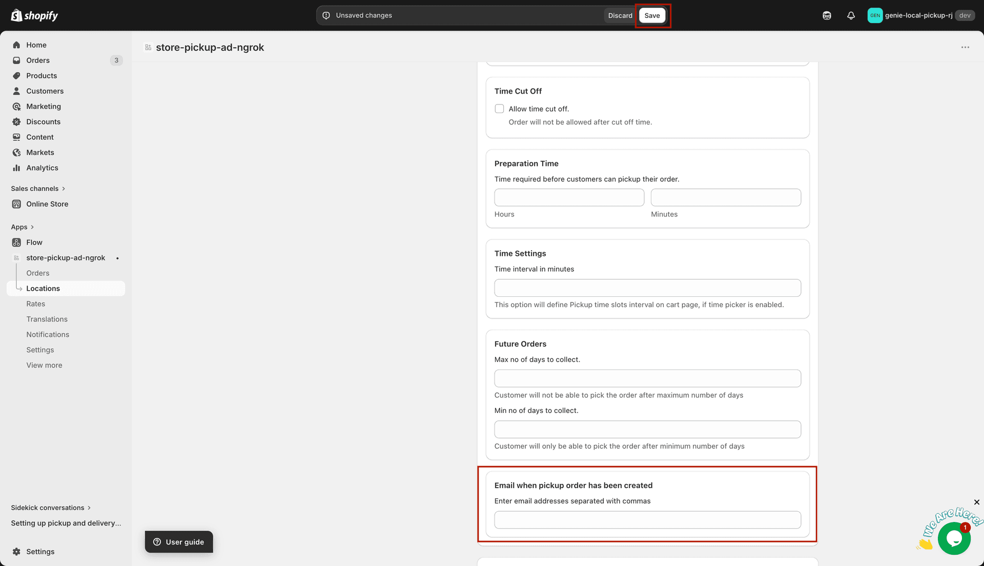 Emails section in location settings