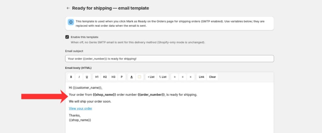 Ready for shipping email HTML body editor with template variables