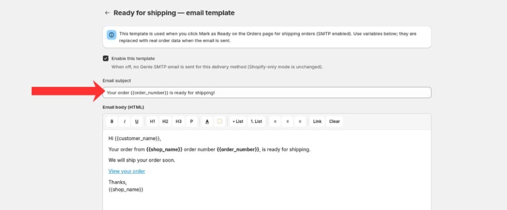 Ready for shipping email template editor with subject line and HTML body