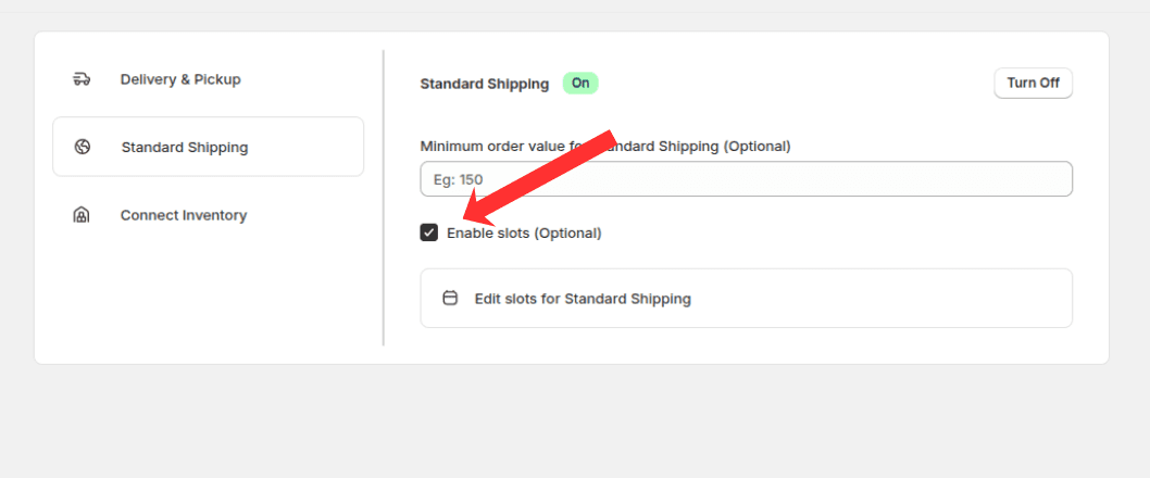 Enable slots checkbox on the Standard Shipping settings page