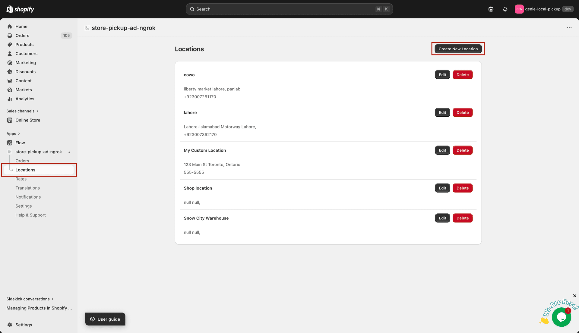 Create New Location button on Locations page