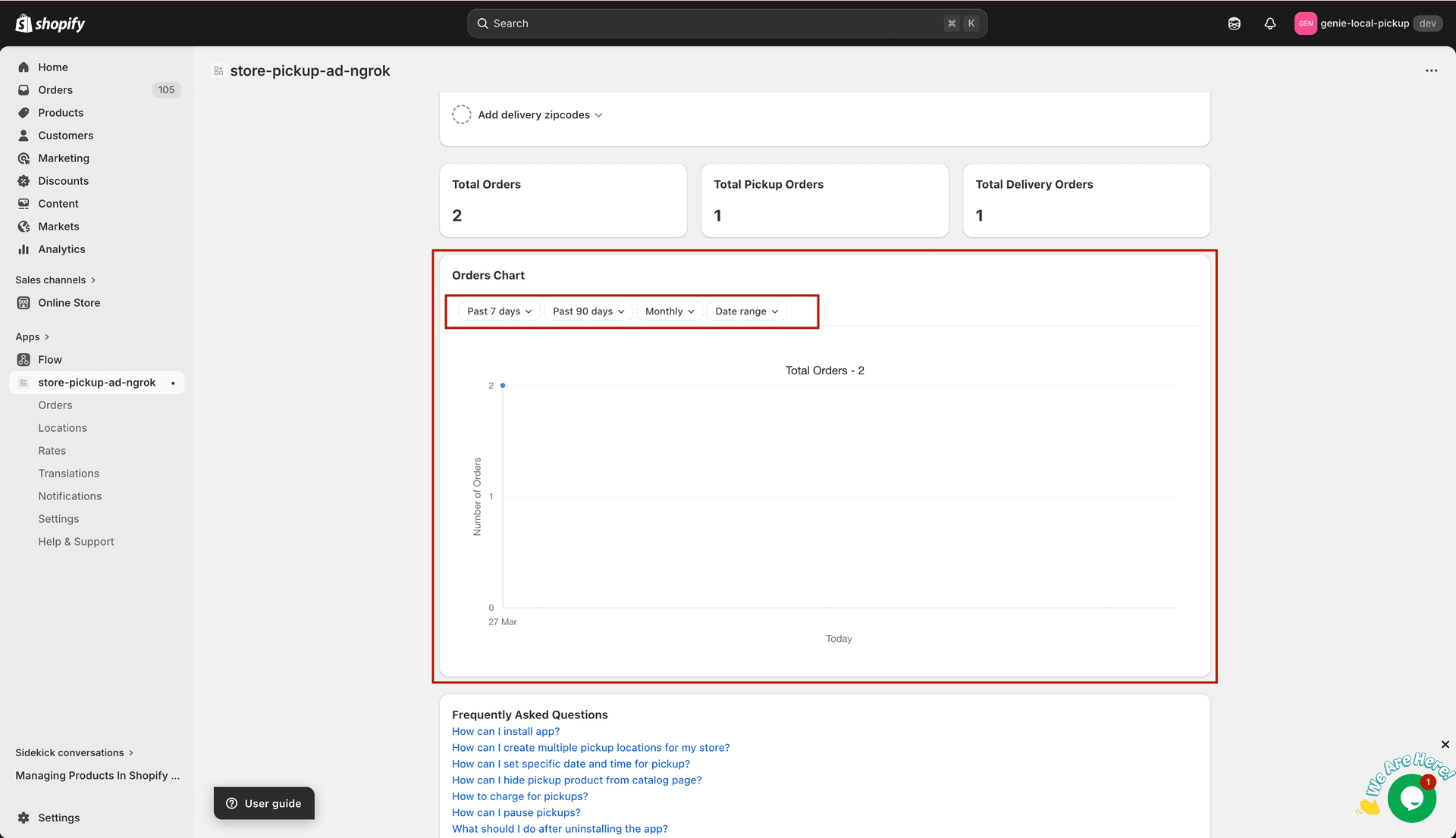 Orders chart with filter options