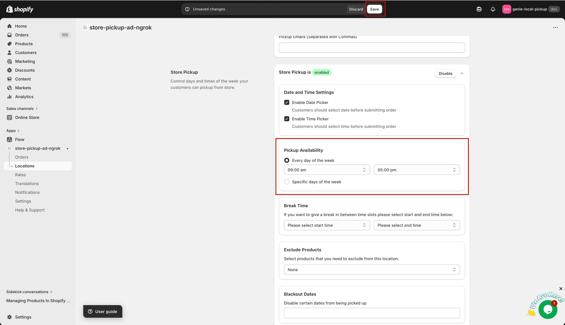 Pickup days and time slots configuration