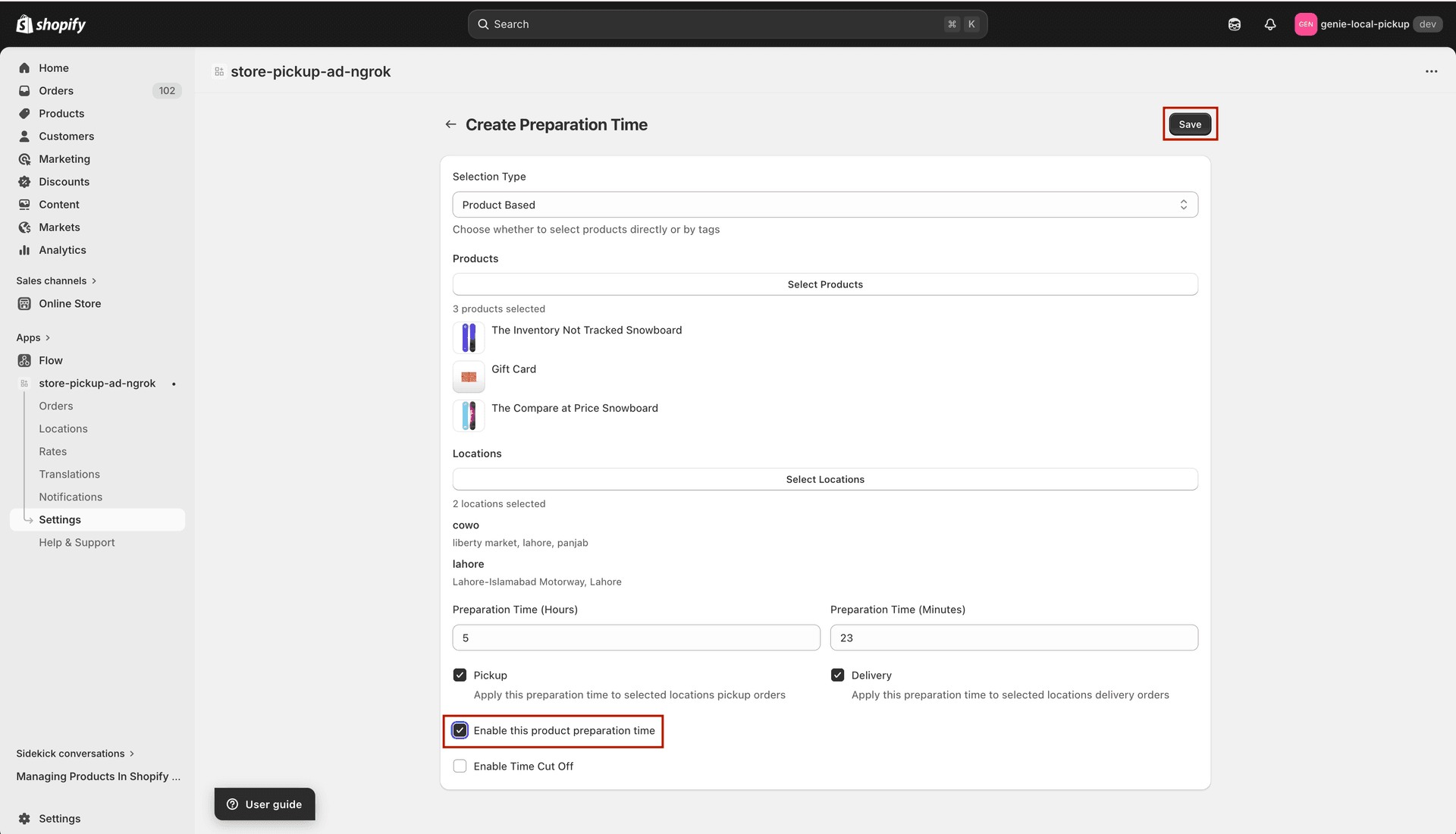 Enable this product preparation time checkbox