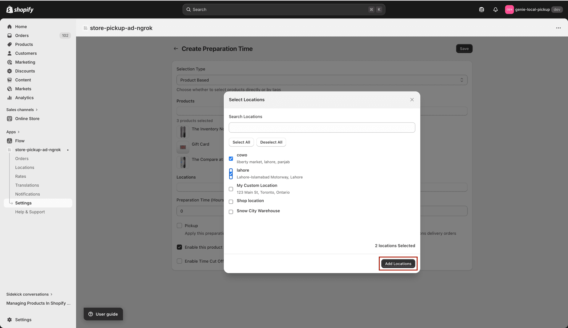 Select Locations button on Create Preparation Time form