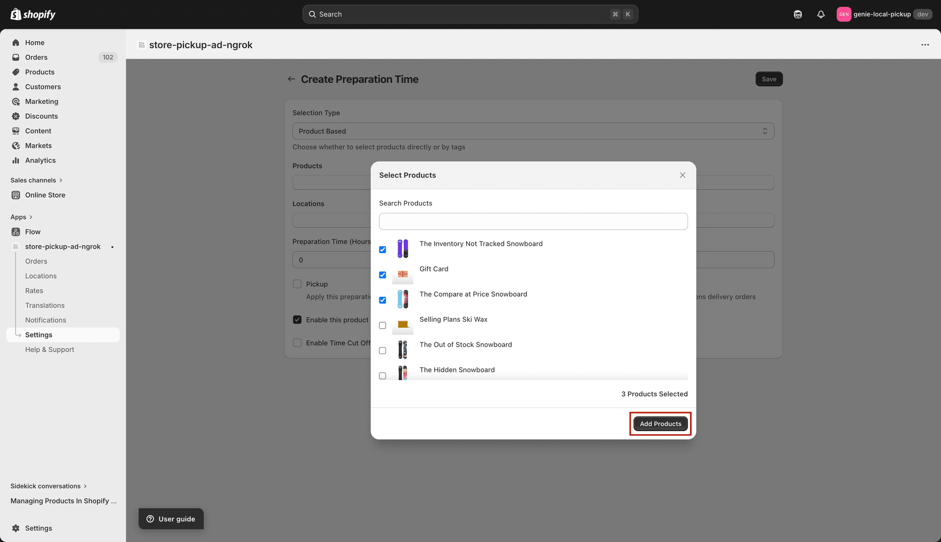 Select Products button on Create Preparation Time form