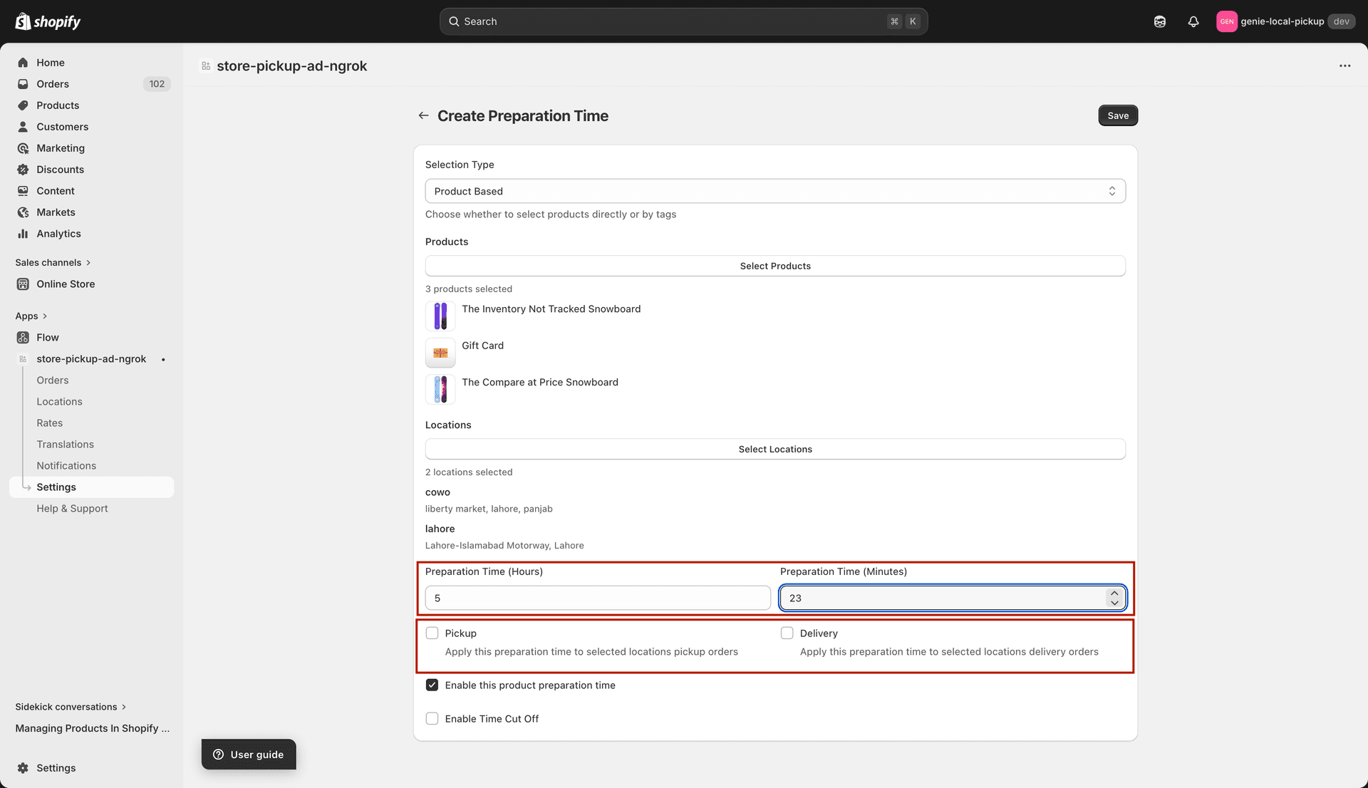 Preparation time hours, minutes and pickup/delivery checkboxes