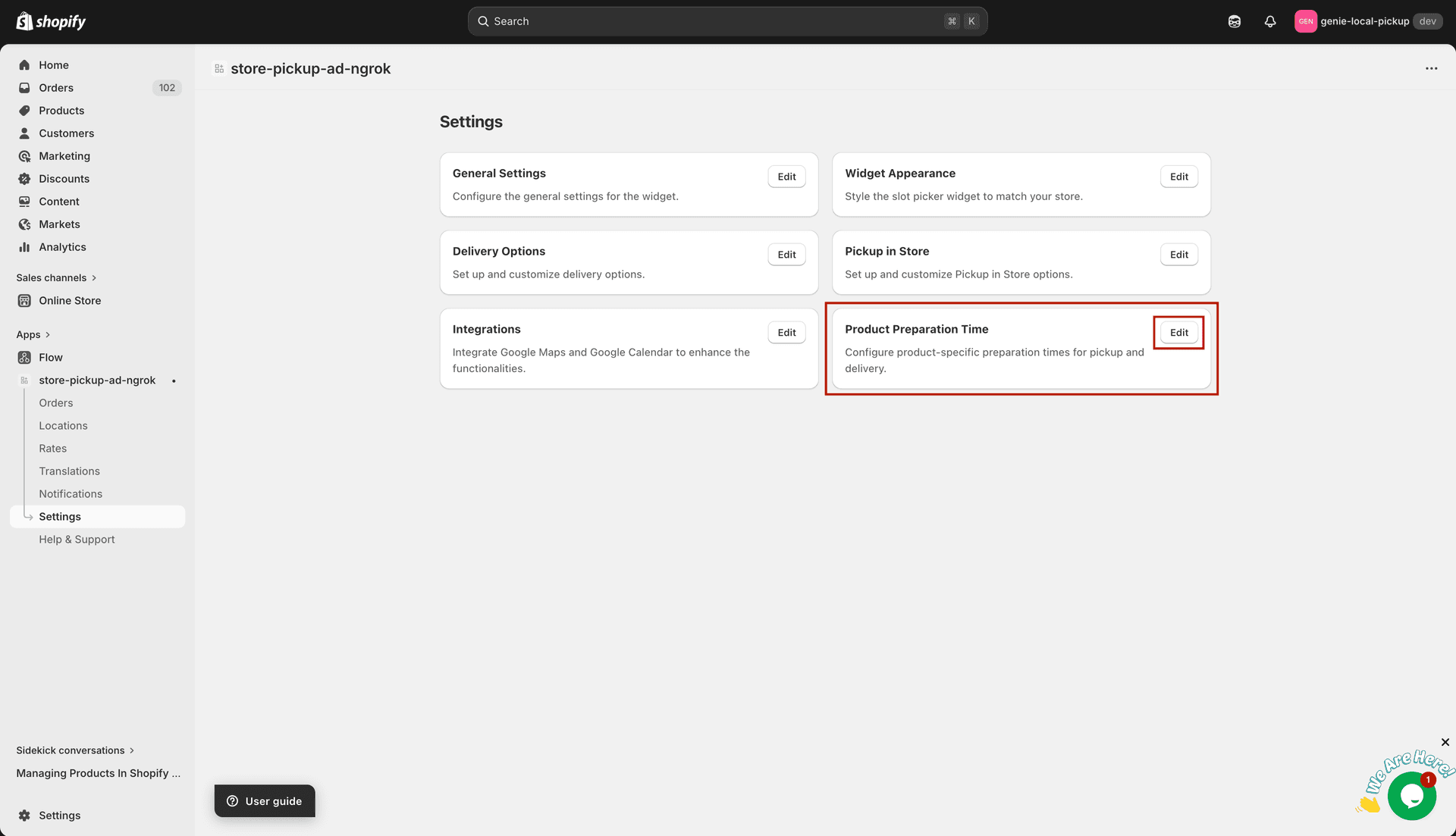 Settings page showing Product Preparation Time card