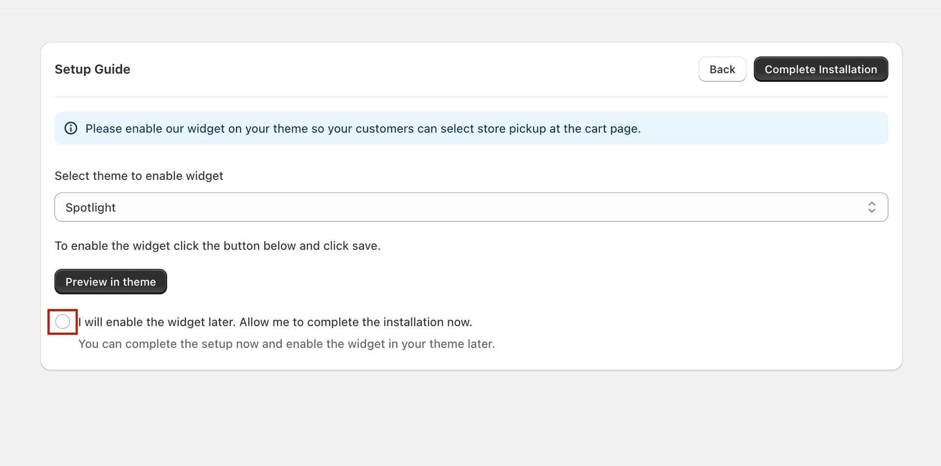 Skip widget radio button on setup guide step 3