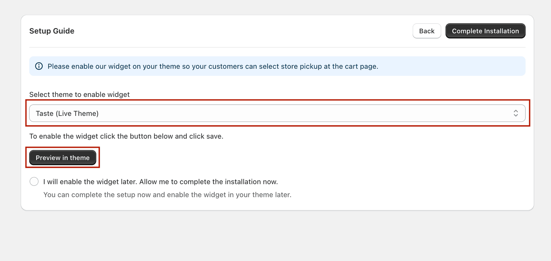 Setup guide step 3 — enable widget in theme editor