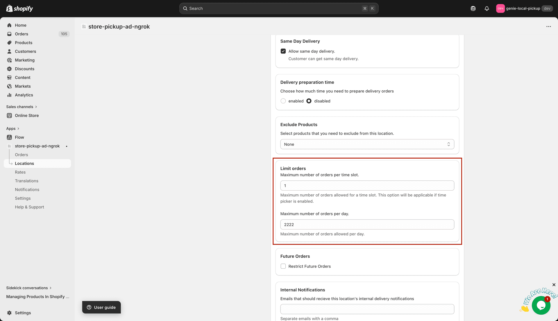 Max orders field on a time slot