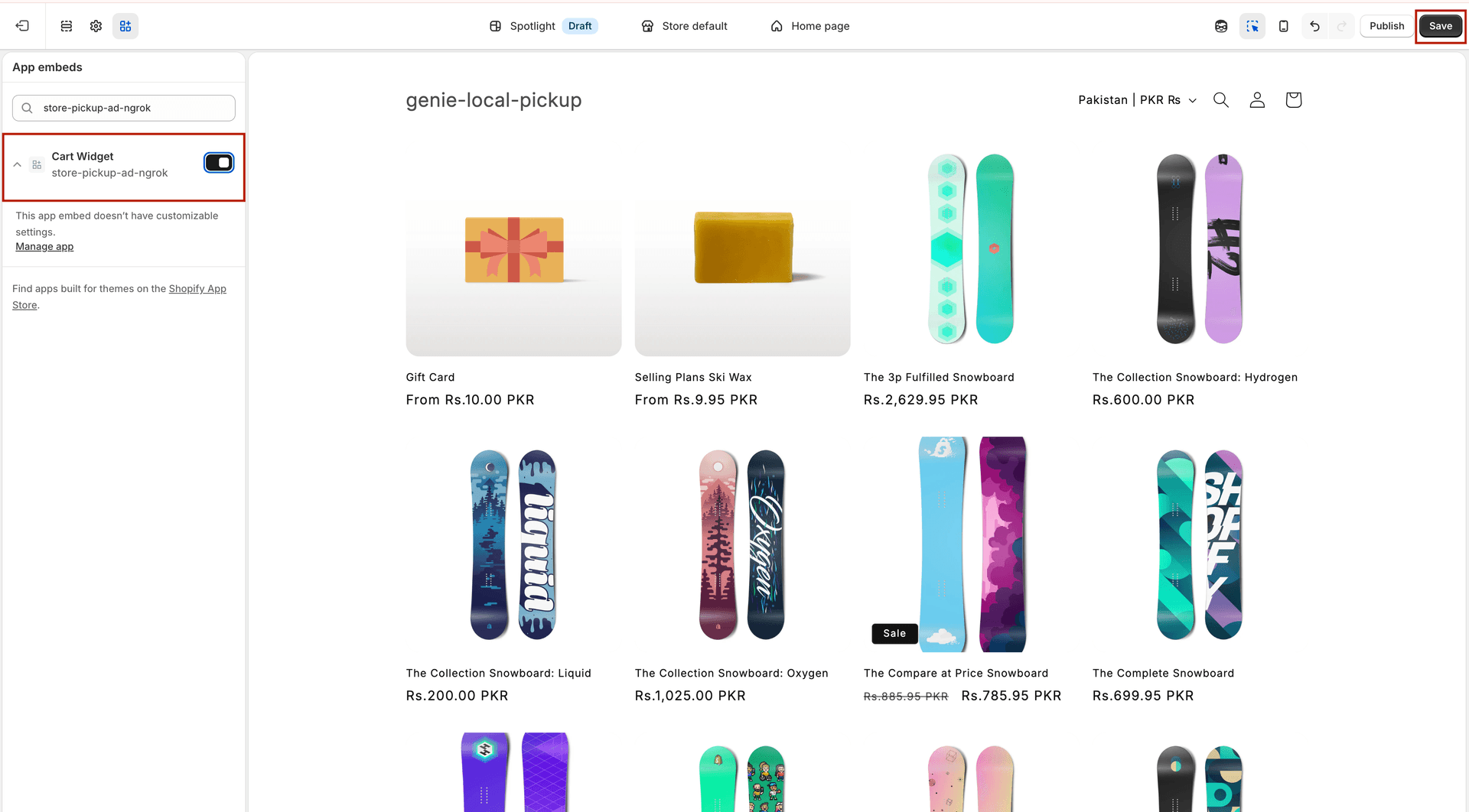 App embed toggle ON in Shopify theme editor