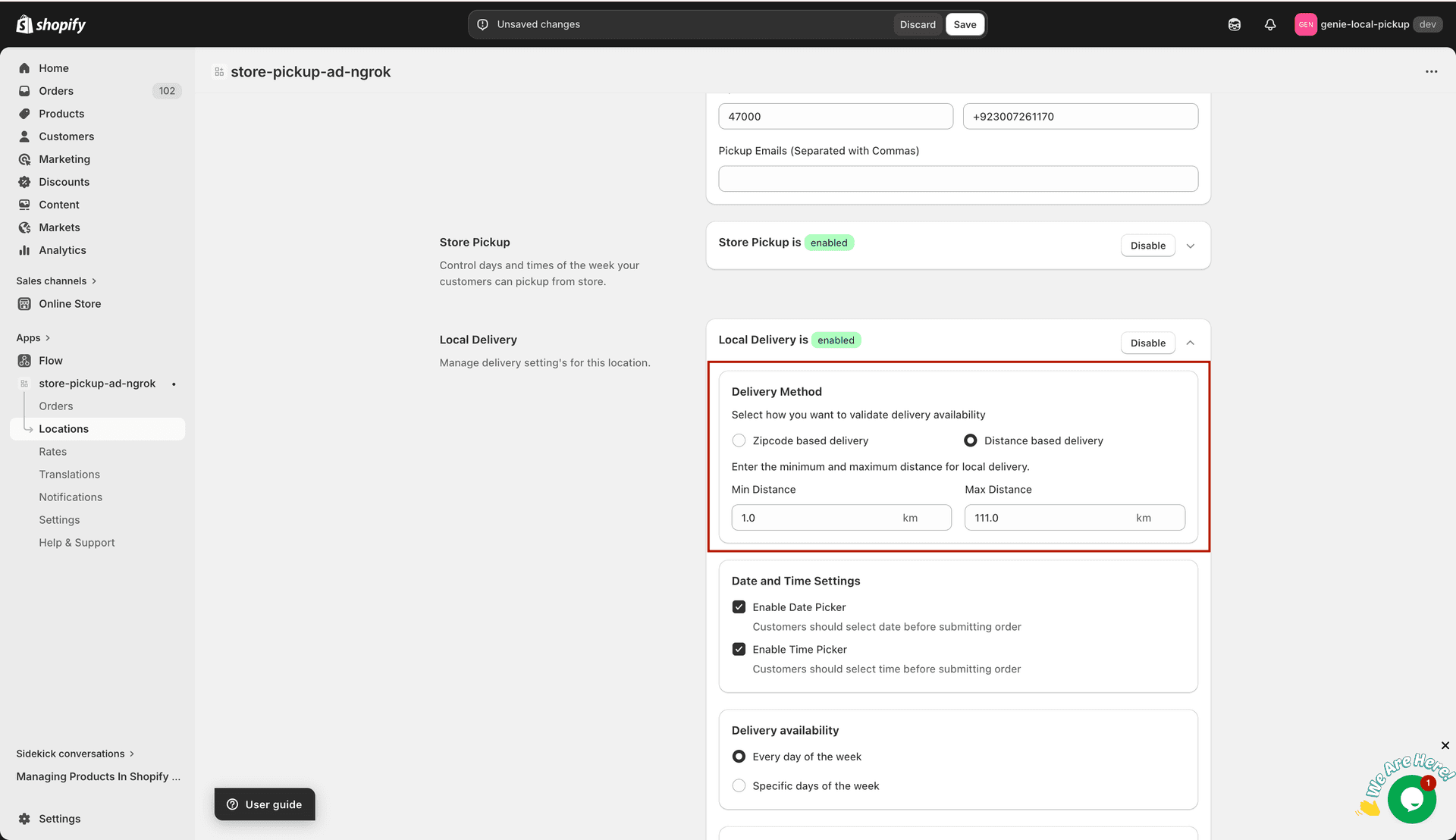 Delivery Method card with Zipcode and Distance radio buttons