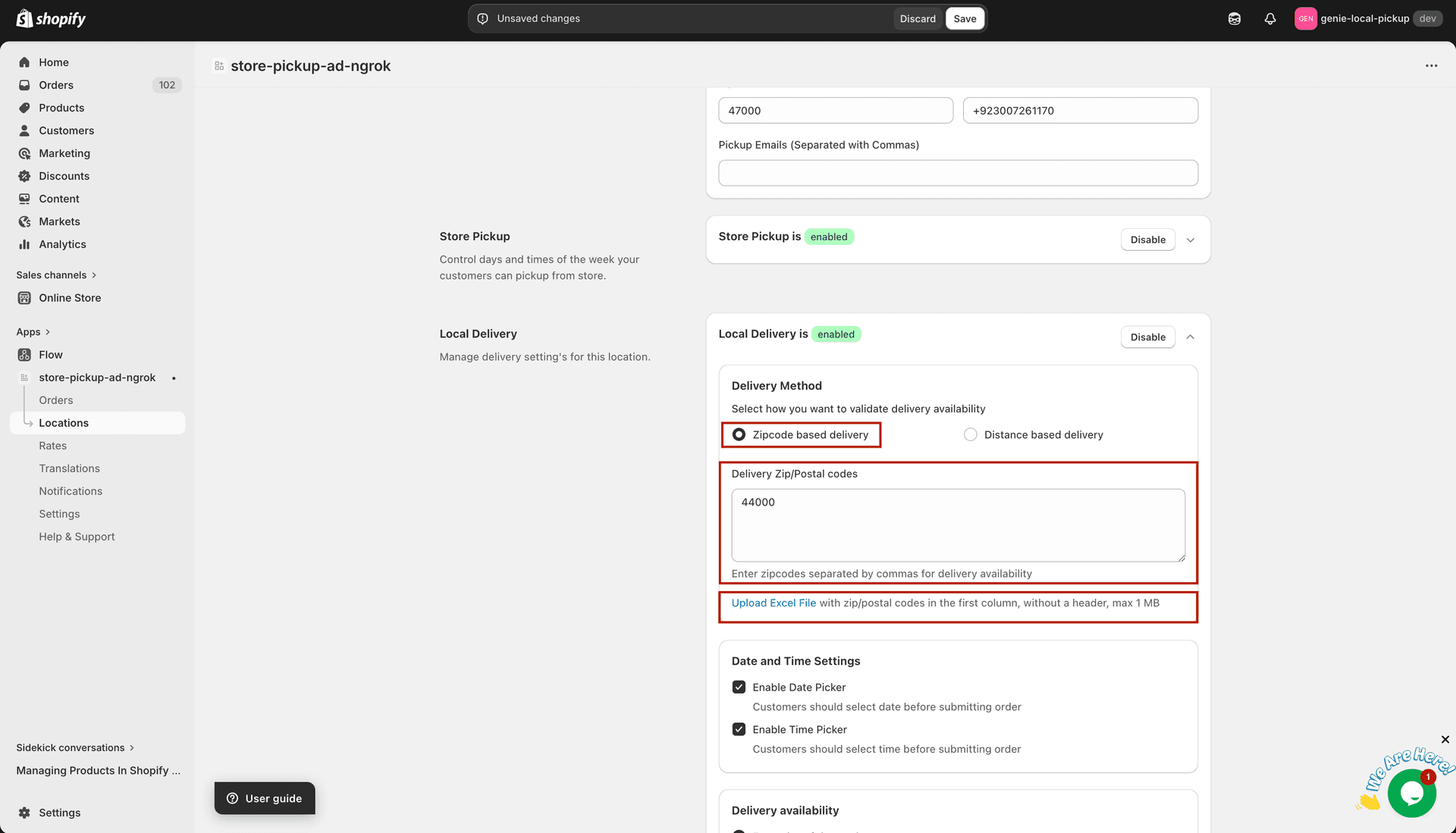 Zipcode based delivery selected with the postal codes text field visible
