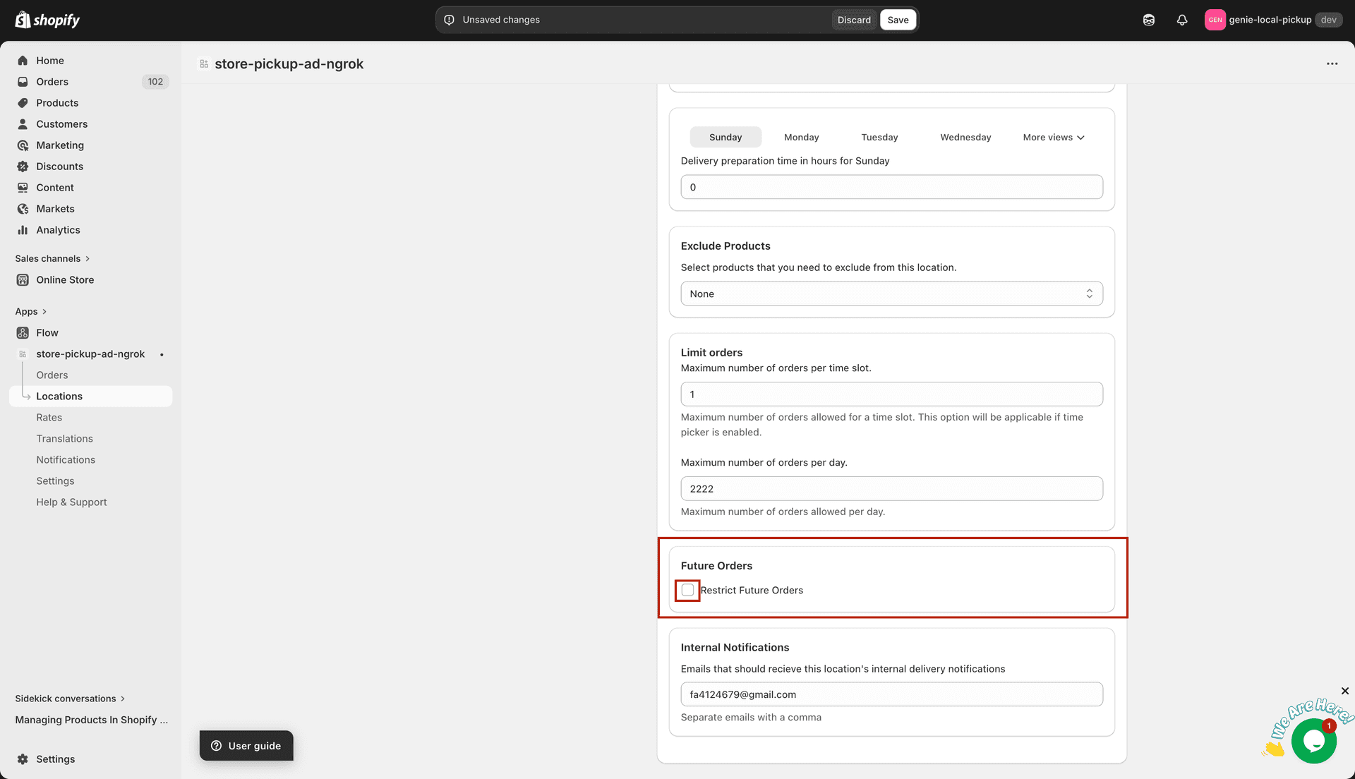 Delivery Future Orders card with enable checkbox and Max/Min days fields
