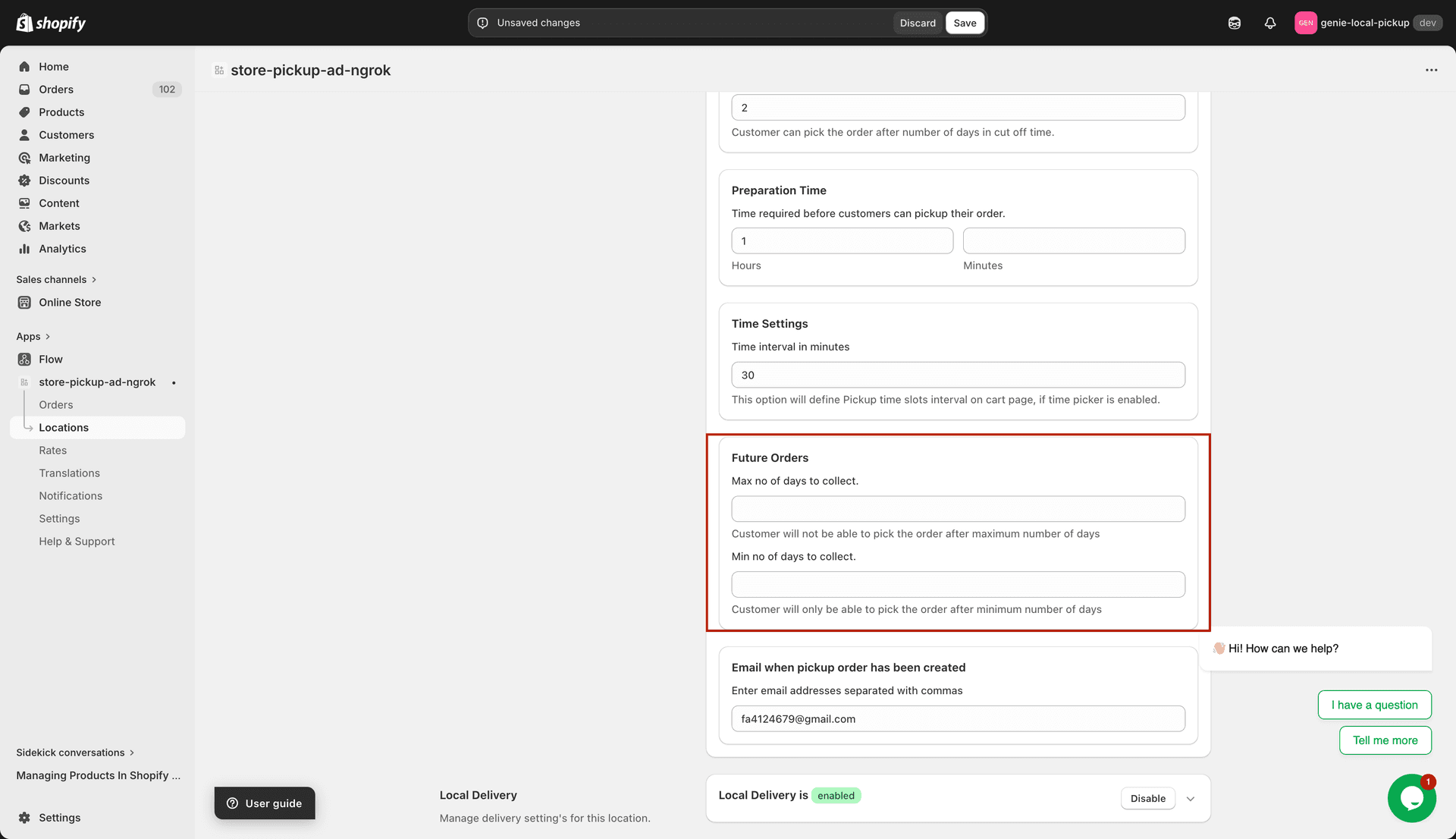 Future Orders card with Max days and Min days numeric inputs