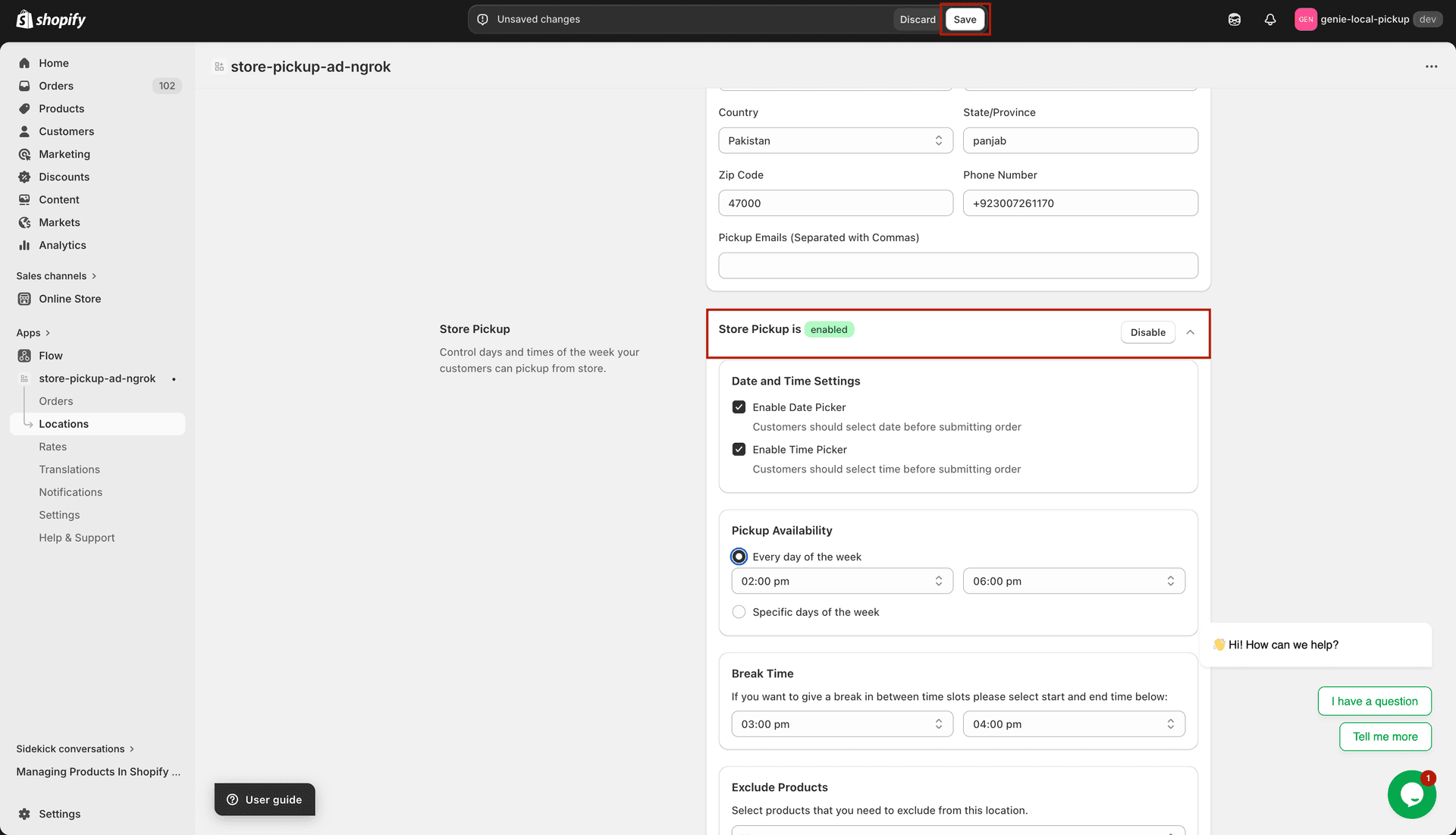 Store Pickup section header showing the enabled/disabled badge and toggle button