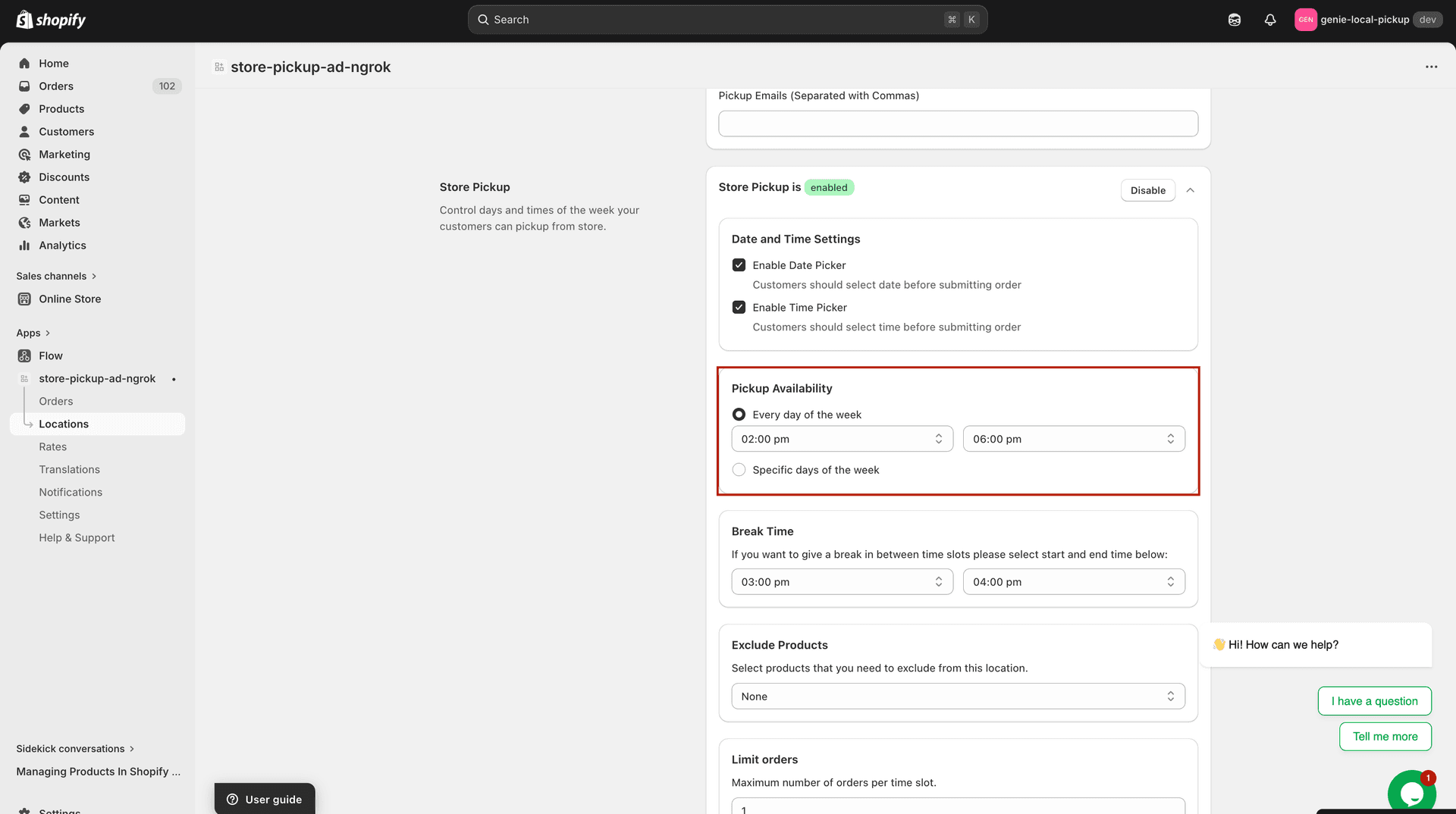 Pickup Availability card with two radio button options