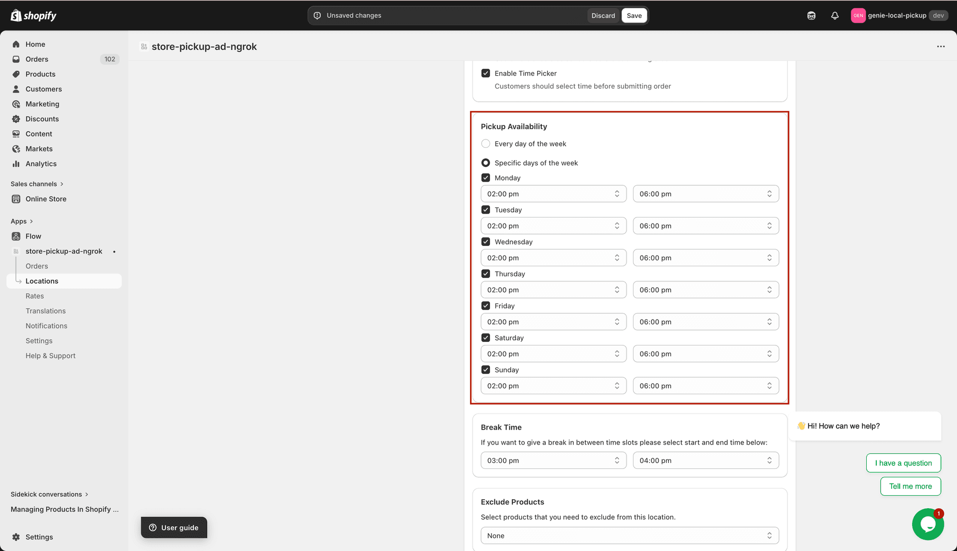 Specific days view with checkboxes and per-day time dropdowns
