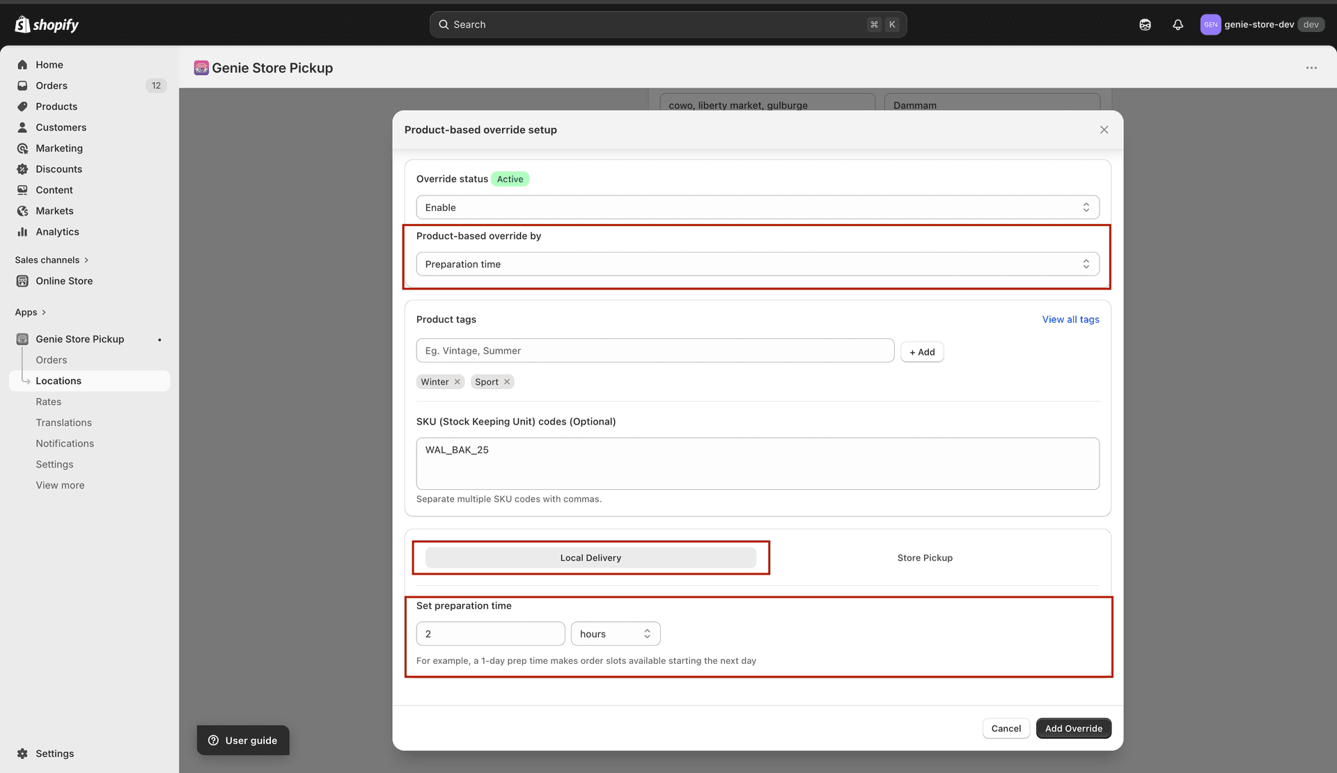 Preparation time number and hours or days on Local Delivery tab