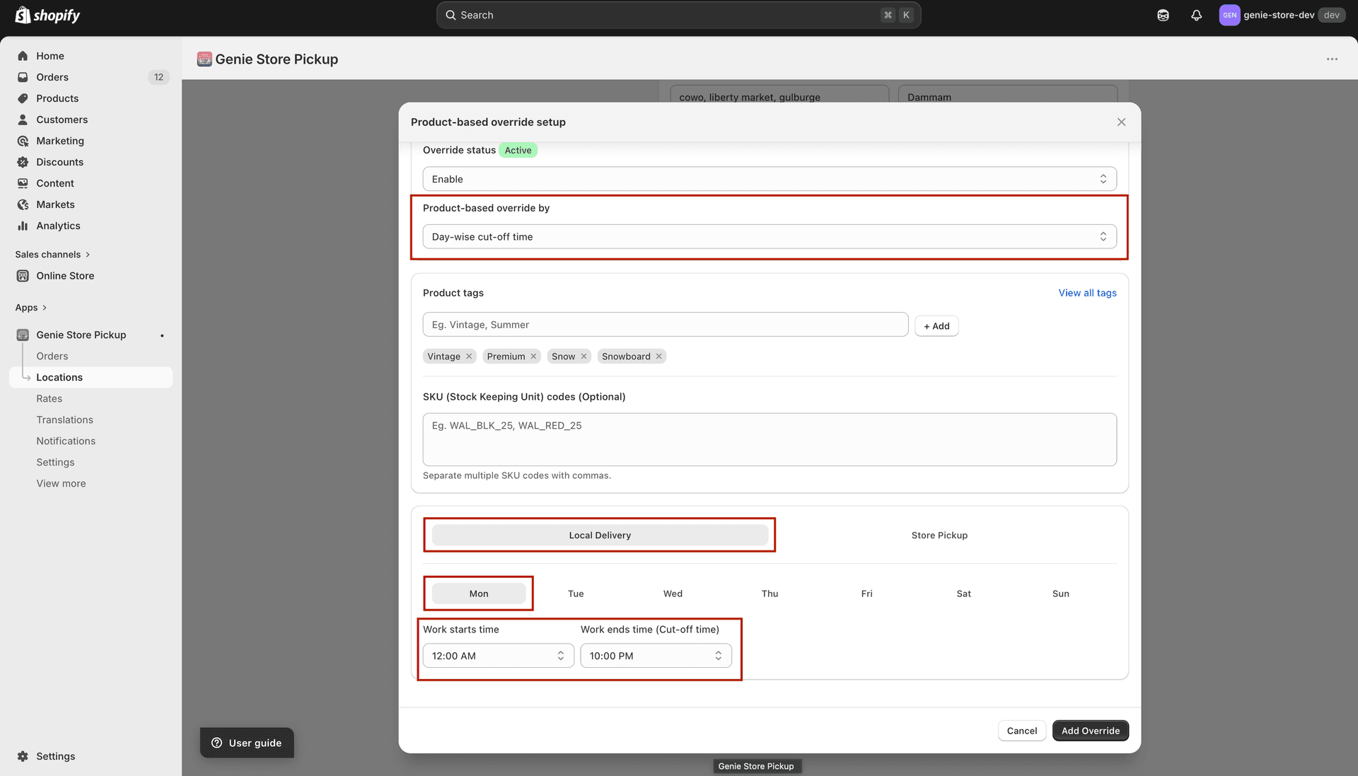 Day-wise cut-off fields with work starts and work ends dropdowns