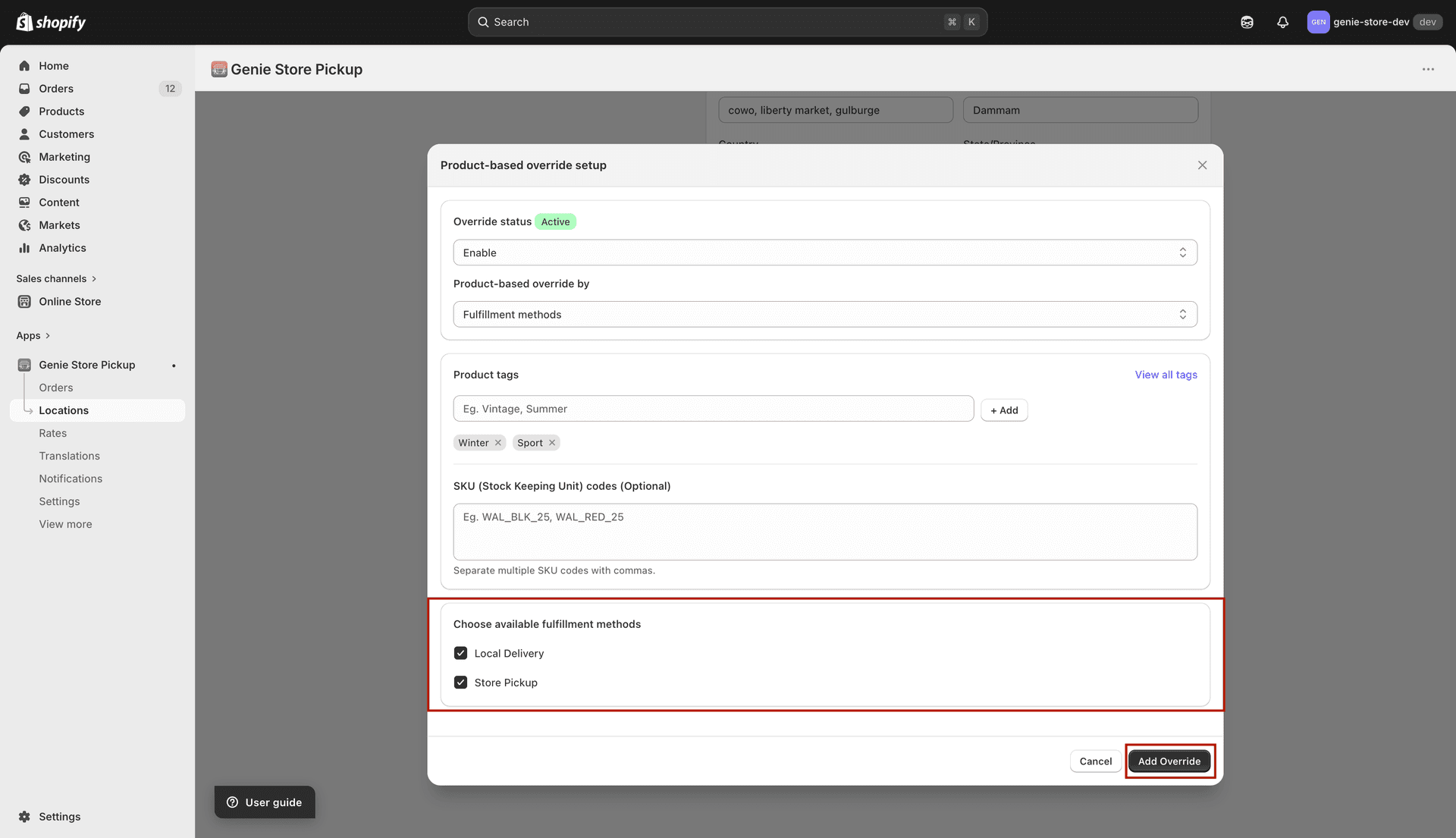Checkboxes for Local delivery and Store pickup
