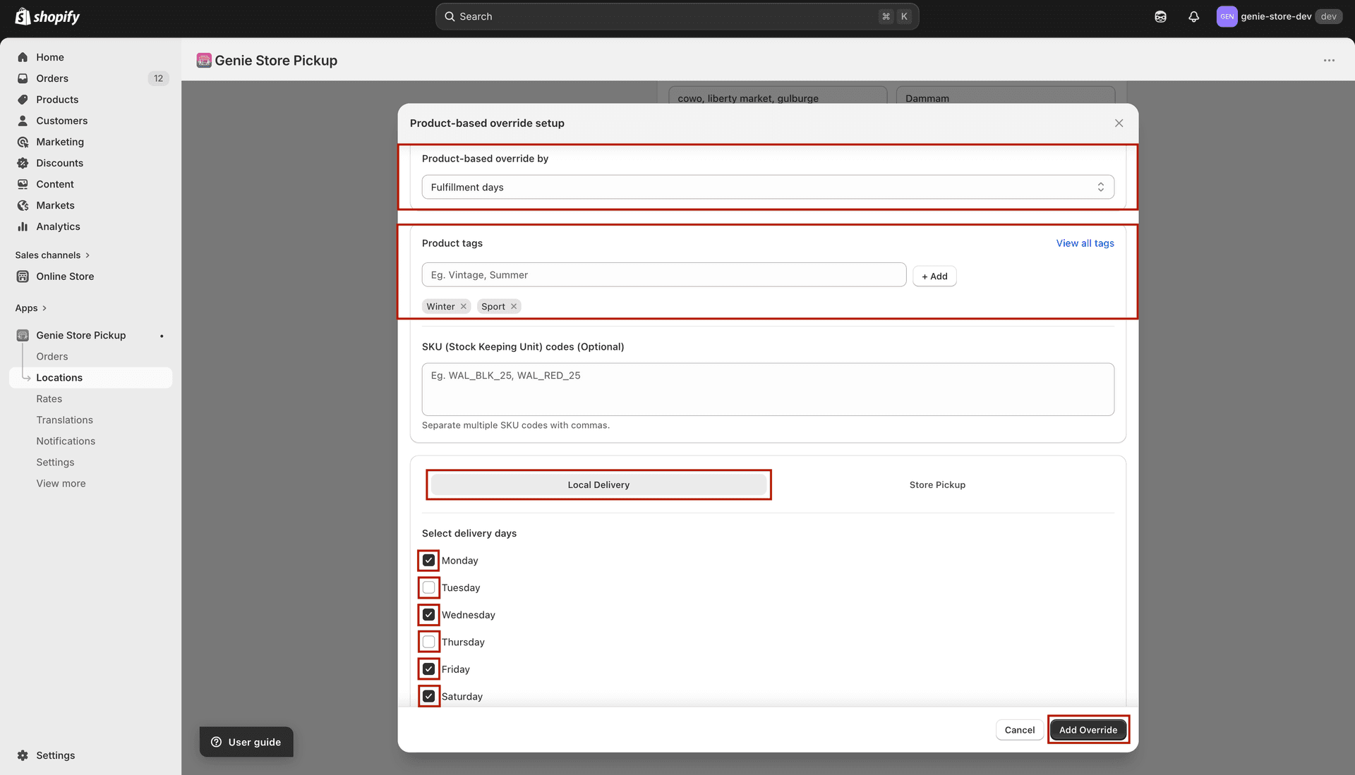 Local Delivery tab with weekday checkboxes