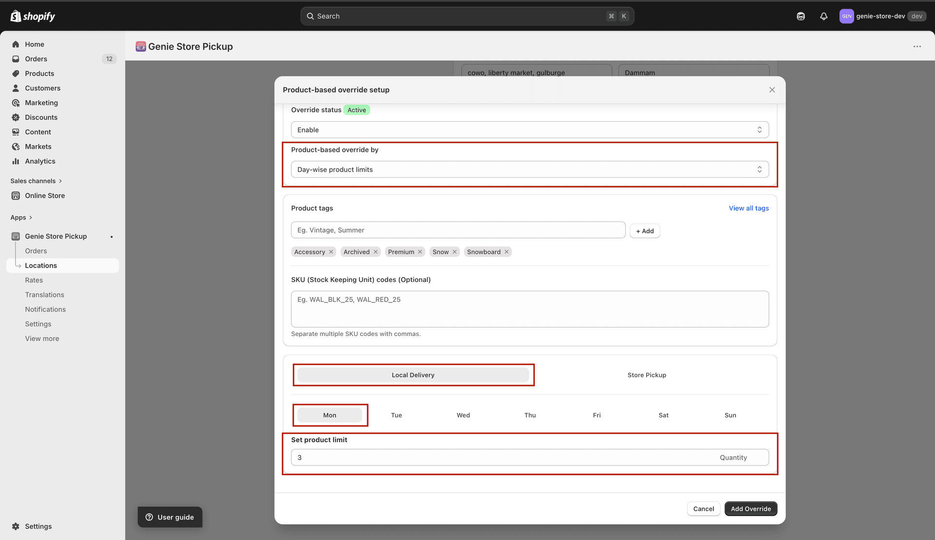 Day selector and product limit quantity field
