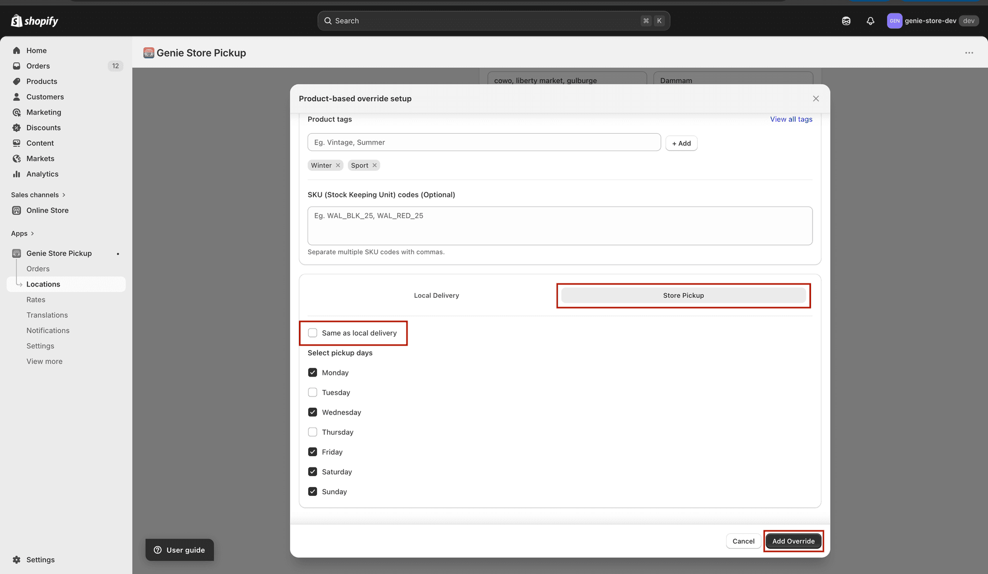 Store Pickup tab with same-as-delivery option and weekday checkboxes