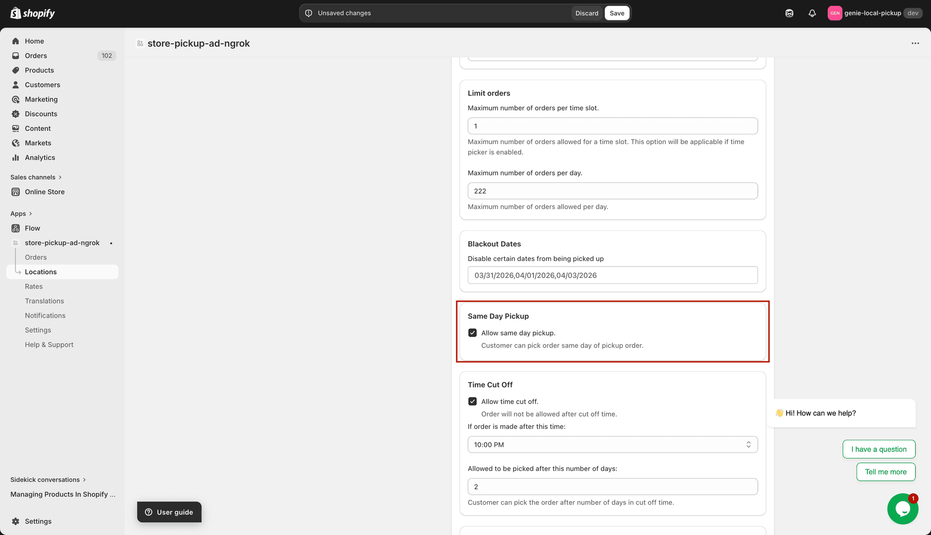 Same Day Pickup card with the allow checkbox enabled