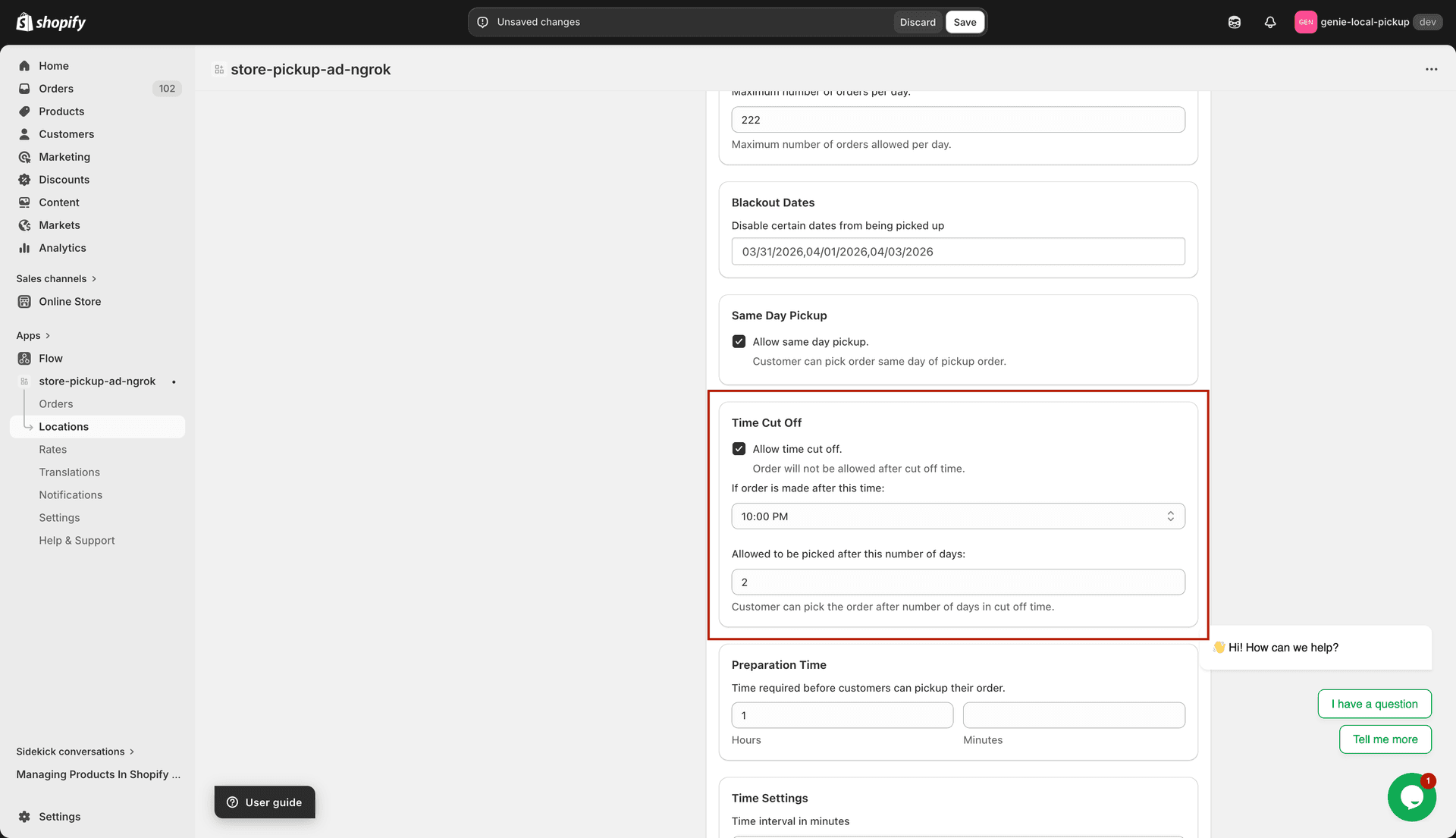 Time Cut Off card with cutoff time dropdown and days field