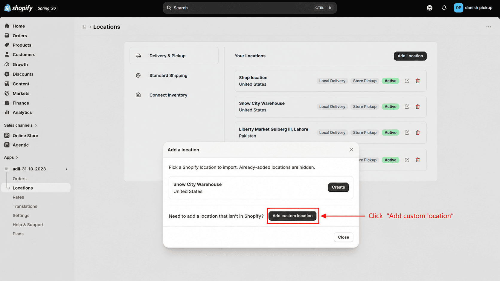 Locations menu highlighted in Shopify admin