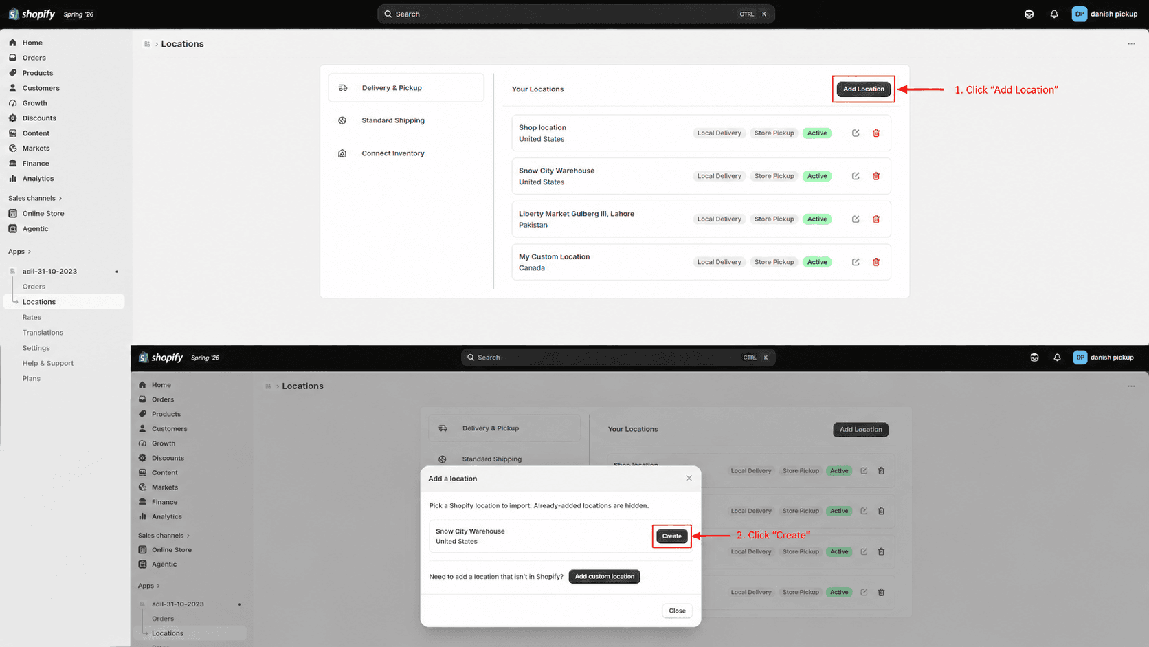 Locations menu highlighted in Shopify admin