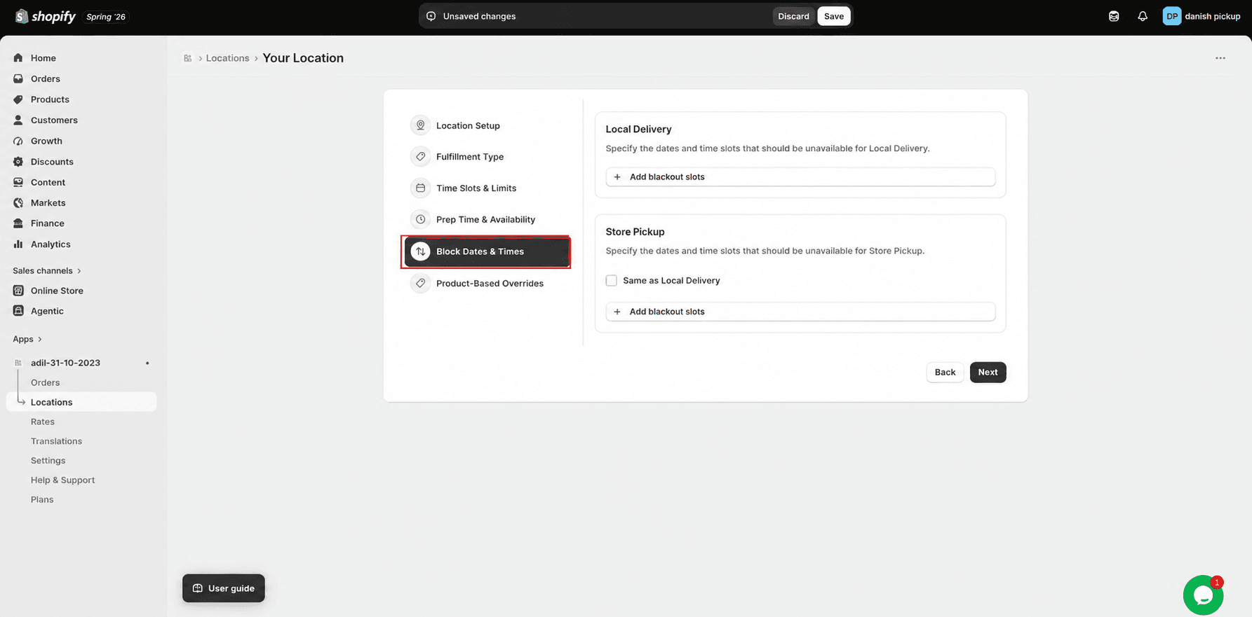 Locations menu highlighted in Shopify admin