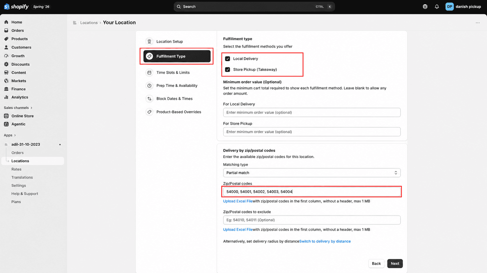 Locations menu highlighted in Shopify admin