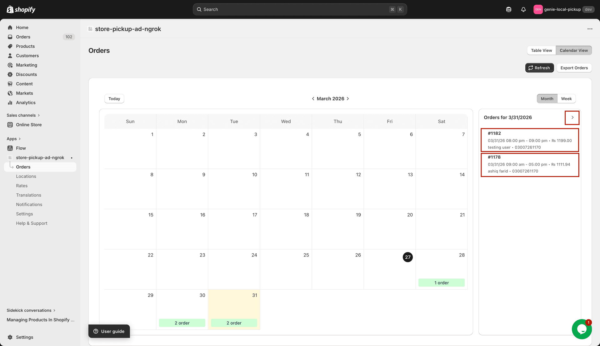 Clicking an order in the sidebar to open Shopify order page