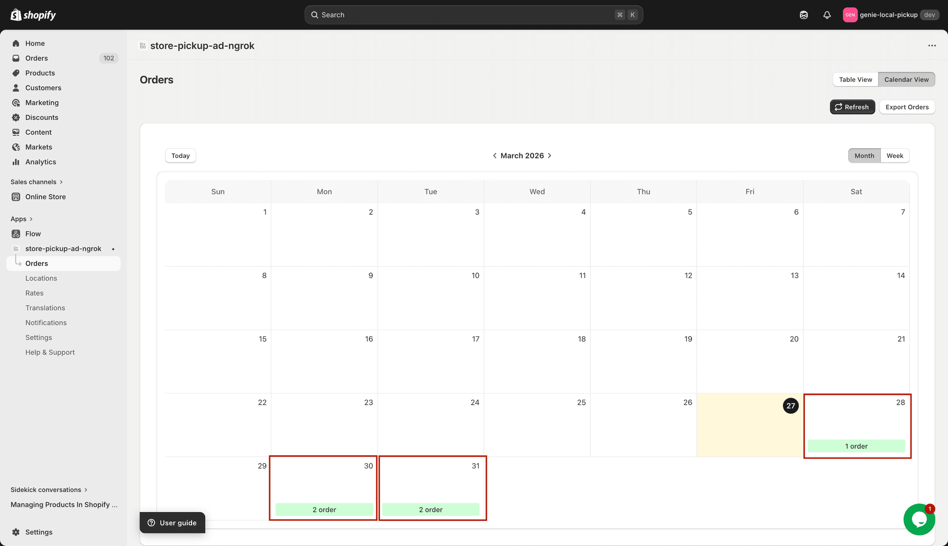Calendar sidebar open with orders listed for a selected date