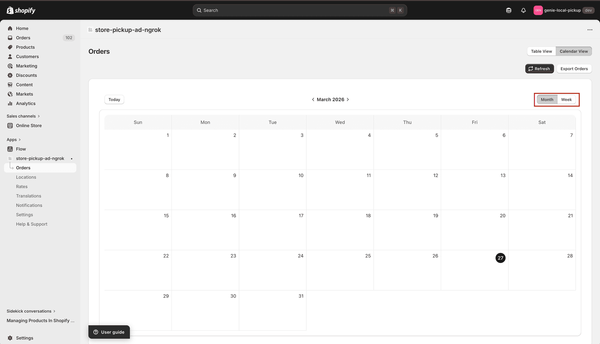 Calendar in week view showing order previews
