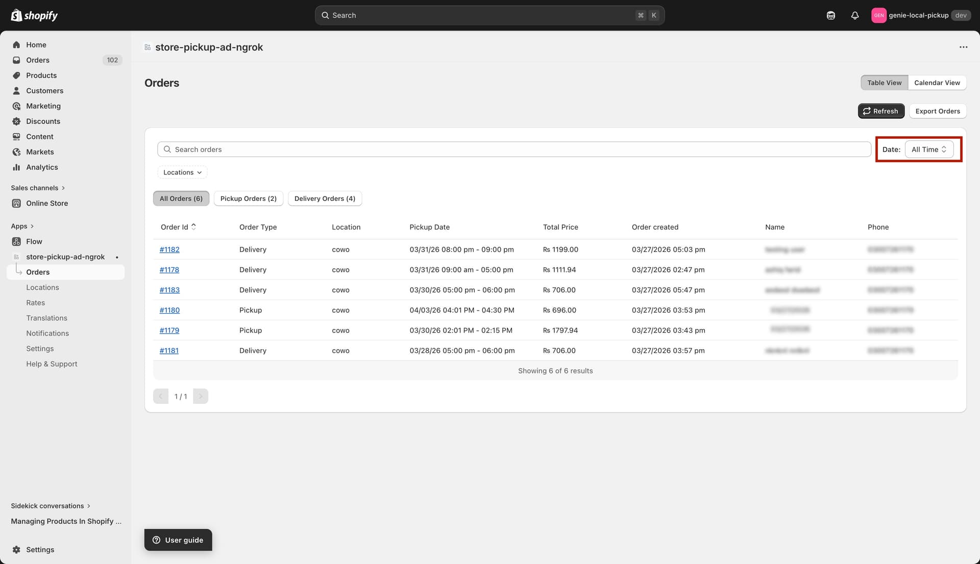Date filter dropdown showing all options