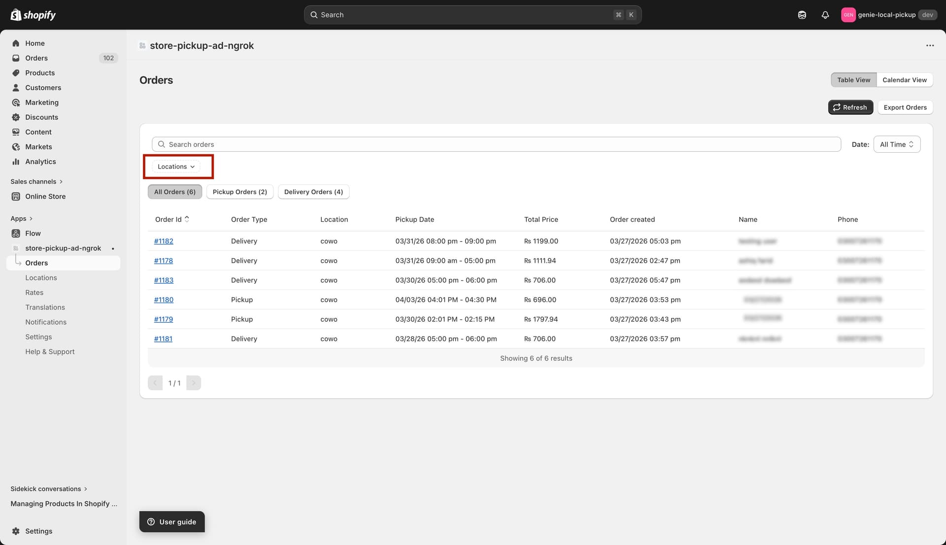 Location filter dropdown open with multiple locations